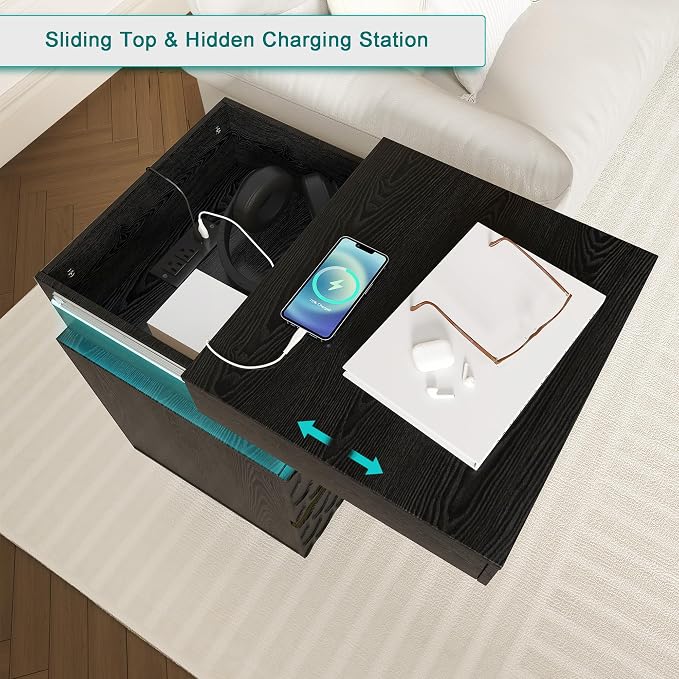 Led Nightstand with Charging Station, Hexagonal Fluted Night Stand with Sliding Top, Wooden Bedside Table with 3 Drawers, Modern Bed Side End Table for Bedroom, Living Room, Black - Image 2