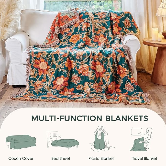 Boho Throw Blanket - 100% Cotton Ultra Soft Muslin Blanket, 60"x80" Lightweight Floral Bird Framhouse Bedding Spring Blanket for Bed, All Season Blue Bohemian Bedroom Home Decor Quilt