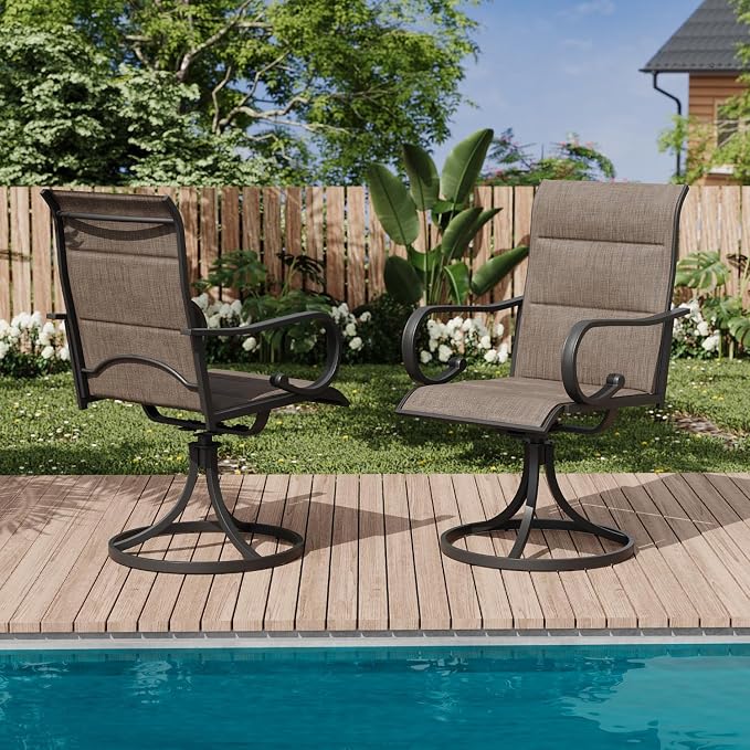 MELLCOM Swivel Outdoor Chairs Set of 4, High Back Padded Textilene Patio Dining Chairs with Metal Frame, All-Weather Outdoor Furniture Rocker, Brown - Image 9