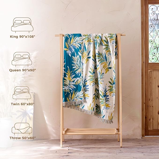 LUTBM Boho Throw Blanket for Couch Sofa Chair Cotton Spring Blankets for Bedroom Living Room All Season Soft Lightweight Reversible Leaves Embroidery Decorative Throws 50"x60" Home Decor