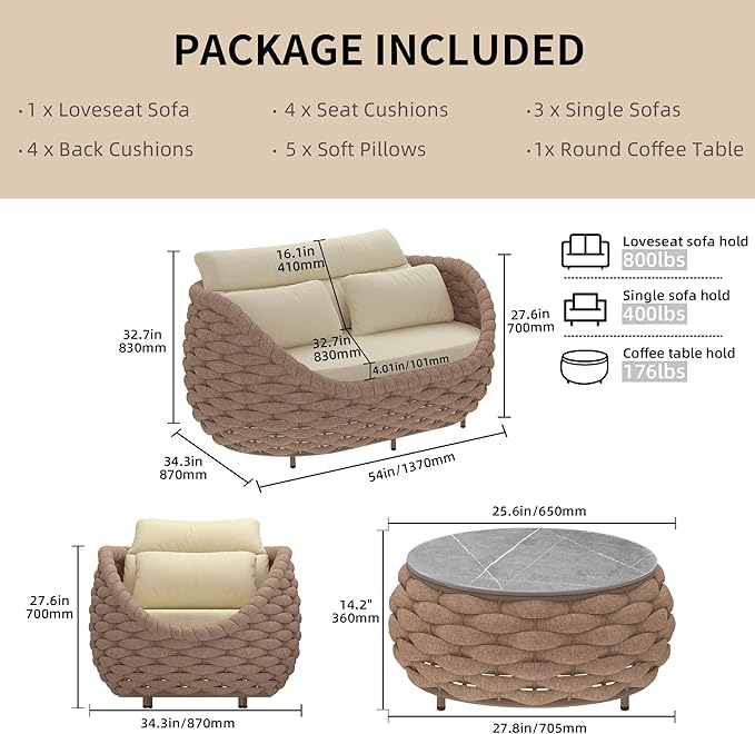 TWT 5 Pieces Patio Furniture Set, Outdoor Rope Conversation Sectional Patio Sofa with 5 Seater for Backyard, Porch, Modern Armchairs with Thickness Cushions and Side Table, Light Brown