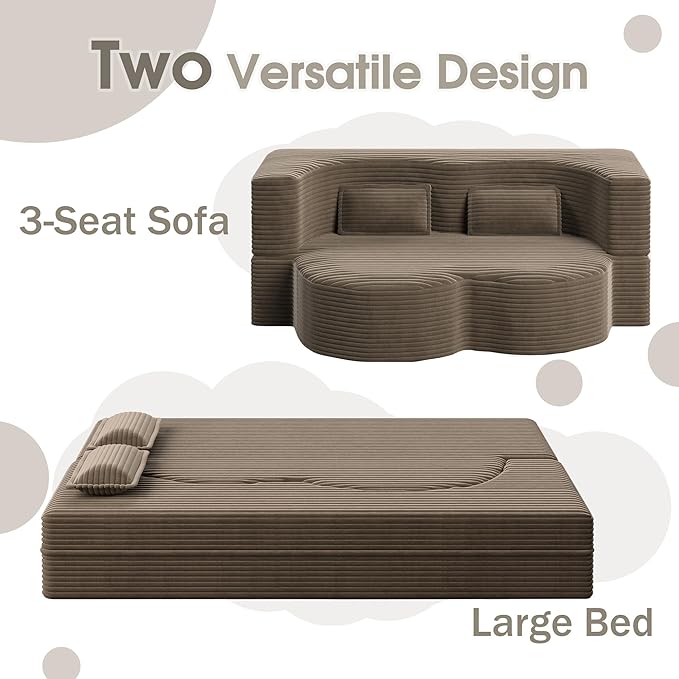78" Convertible Sofa Bed, 2-in-1 Folding Floor Couch with 2 Pillows, Sleeper Sofa for Living Room and Bedroom, No Assembly Required (Coffee Brown, Corduroy Fabric)