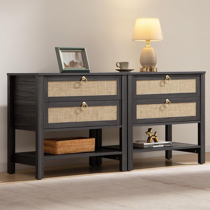 SICOTAS Night Stands Set of 2 for Bedroom, Large Bedside Tables with Drawer & Open Shelf, Wide Boho Rattan Nightstand Set Narrow Side Table for Master Bedroom by SICOTAS