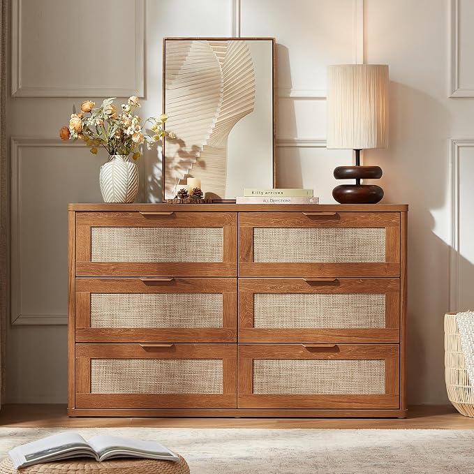 LEYAOYAO Rattan Dresser for Bedroom Set of 2, Boho 48" Wide 6 Drawer Dresser Chest of Drawers, Wood Dressers TV Stand with Metal Handle, Storage Dressers Closet Organizer for Living Room, Hallway - Image 8