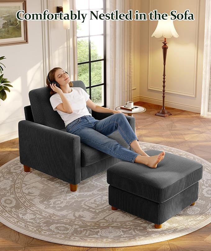 35.3" Couches for Living Room, Comfy Grey Couch Single with 22.5" Deeper Seat, Accent Chair Tool-Free Setup, Reading Chair 440lbs Support, Corduroy Couch for Bedroom, Apartment, Office