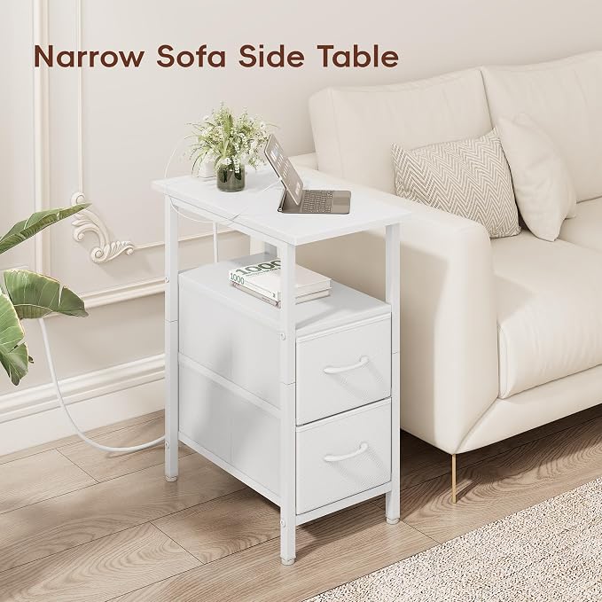 Vagusicc End Table with Charging Station Set of 2, Narrow Side Table, 23.8'' Tall Nightstand with 2 Drawers, Small Sofa Side Table Narrow Nightstand for Small Spaces, Living Room, Bedroom, White - Image 9