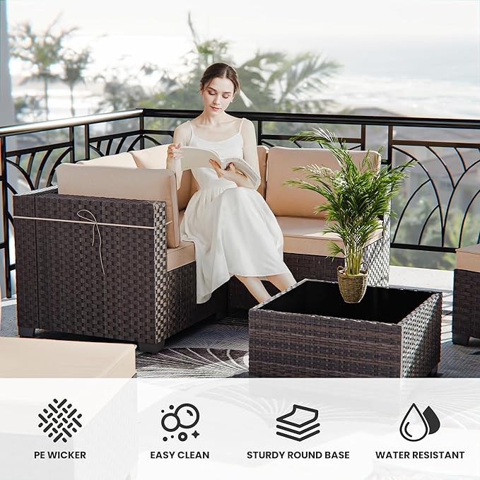 11 Pieces Outdoor Patio Furniture Set,Outdoor Sectional Furniture with 45" 55000 BTU Gas Propane Fire Pit Table,PE Rattan Wicker Patio Conversation Set,Swivel Rocking Chairs Set,Sand