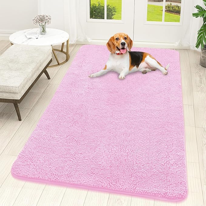OLANLY Dog Door Mat for Muddy Paws 59x32, Absorbs Moisture and Dirt, Absorbent Non-Slip Washable Doormat, Quick Dry Chenille Mud Mat for Dogs, Entry Indoor Entryway Carpet for Inside Floor, Pink by OLANLY