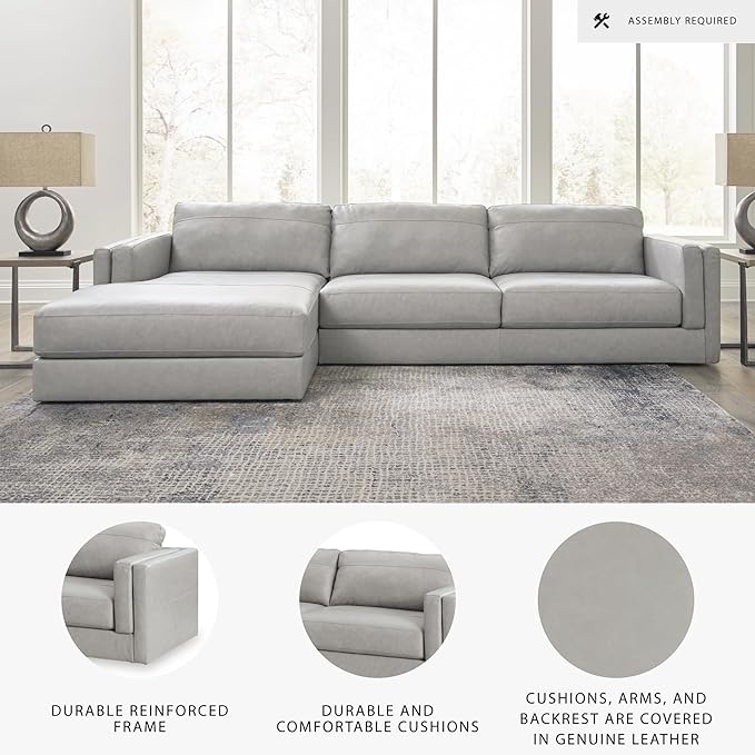 Signature Design by Ashley Amiata Modern L-Shaped Left-Arm Facing Leather Match 2-Piece Sectional with Chaise, Light Gray