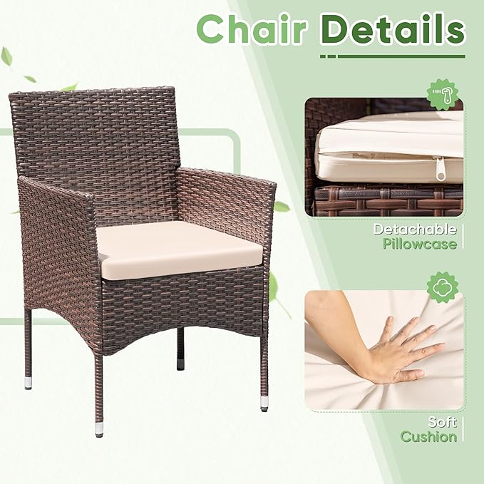 Greesum 3 Pieces Patio Dining PE Rattan Wicker Chair Furniture Set with Cushion and Glass Coffee Table for Outdoor Garden Backyard Poolside, Brown and Beige