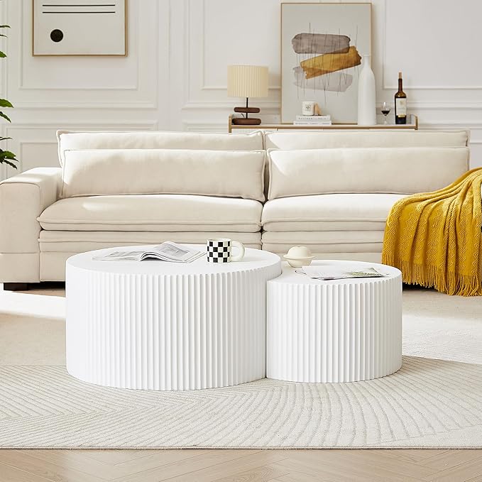 kevinplus 55.12'' White Round Nesting Coffee Table Set of 2, Modern Side End Table for Living Room, Contemporary Wood Circle Embossed Crescent Design, No Assembly, White