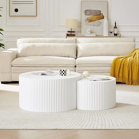 kevinplus 55.12'' White Round Nesting Coffee Table Set of 2, Modern Side End Table for Living Room, Contemporary Wood Circle Embossed Crescent Design, No Assembly, White