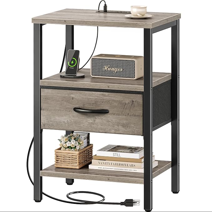 SUPERJARE Nightstand with Charging Station, Bed Side Table with Adjustable Fabric Drawer, Night Stand for Bedroom, 3-Tier Storage End Table, for Living Room, Oak by SUPERJARE