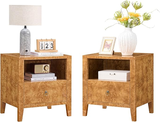 AMERLIFE Mid-Century Modern Nightstand Set of 2 with Drawer, High Gloss Burl Wood Bedside Table, Ample Storage Side Table for Bedroom, Retro Accent End Table, Yellow - Image 9