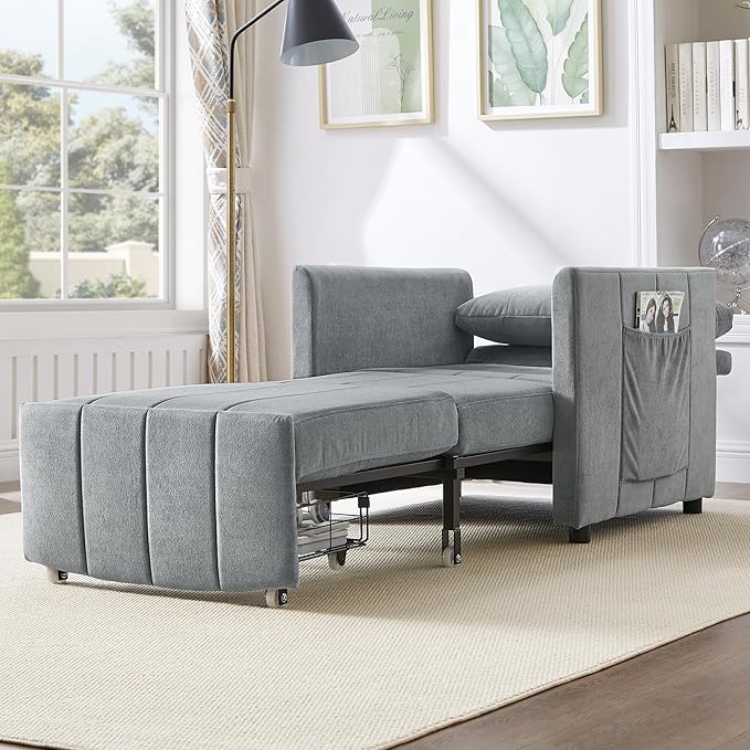 Ball & Cast 31.5" Convertible Pull-Out Sleeper Sofa Bed,Chenille Upholstered Pull Out Couch Chair,3 in 1 Single Sofa Chair W/Storage Basket and Side Pocket,Recliner Chaise Lounge for Living Room,Grey