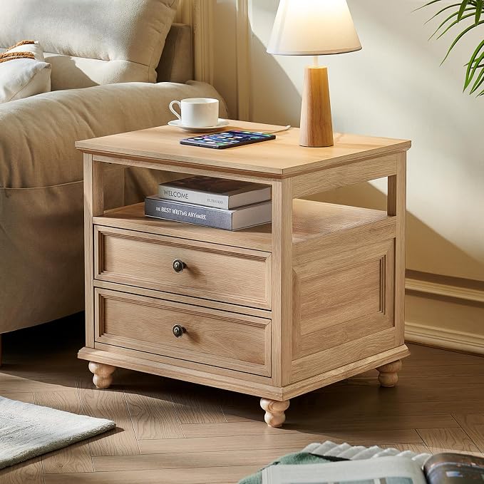 Joaxswe 24" Wide Farmhouse Night Stand,Large End Table with 2 Drawers & Metal Handle,Wood Dresser for Bedroom, Natural Bed Side Table Chest of Drawers Cabinet,Nightstand for Living Room,Closet - Image 6
