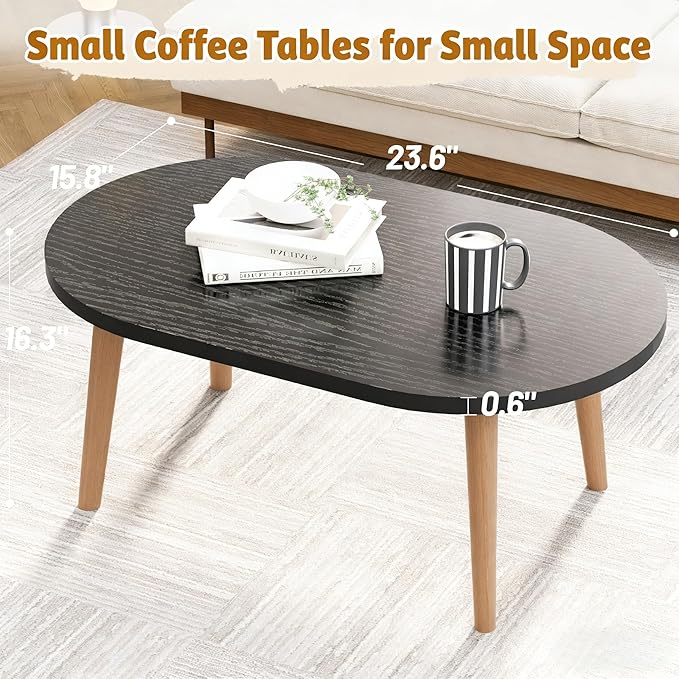 Coffee Table Low Table with 4 Solid Wood Leg, Floor Table Desk for Sitting on The Floor, Small Oval Coffee Table for Small Space, Side Table Japanese Coffee Table for Living Room Apartment Home, Black
