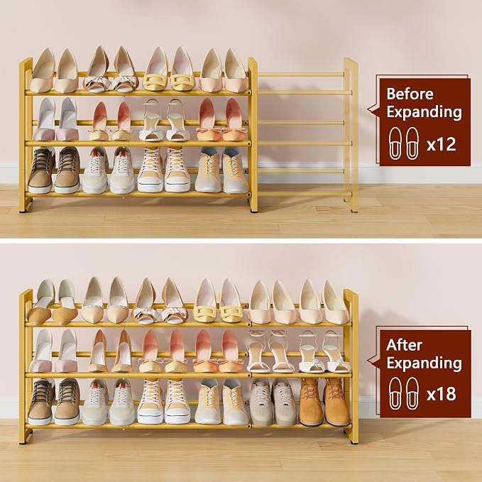 FAVOOSTY 3-Tier Expandable Shoe Rack, Adjustable Shoe Shelf Storage Organizer Space Saving Metal Free Standing Shoe Rack for Entryway Closet Doorway, Gold - Image 4