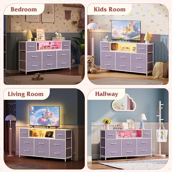 WLIVE Purple Dresser TV Stand for 45, 50, 55 inch TV, Entertainment Center with LED Lights & Charging Station, Chest of Drawers with 8 Fabric Drawers and Open Shelves for Living Room, Hallway - Image 3