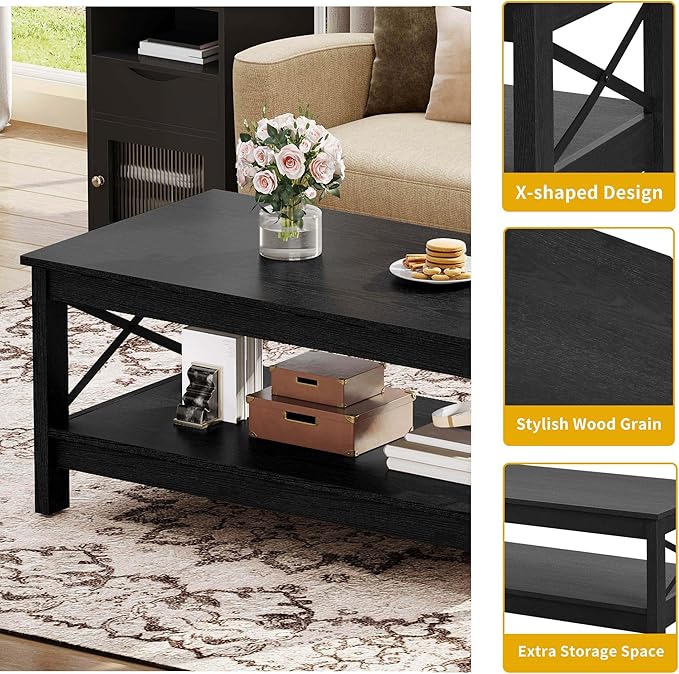 DWVO Black Coffee Tables for Living Room Storage Coffee Table Wood Coffee Table with Thicker Legs 2 Tier Modern Coffee Tables Center Table for Living Room, Black