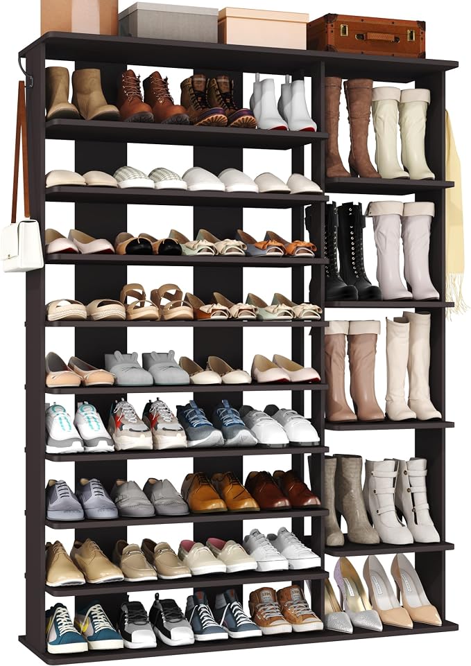 HOMEFORT 10 Tiers Shoe Rack, 50 Pairs Large Shoe Shelf, 61.8" Tall Shoe Tower, Freestanding Shoe Rack Organizer with Open Shelves, Wood Shoe Stand for Boot Storage, for Closet, Entryway, Espresso by HOMEFORT