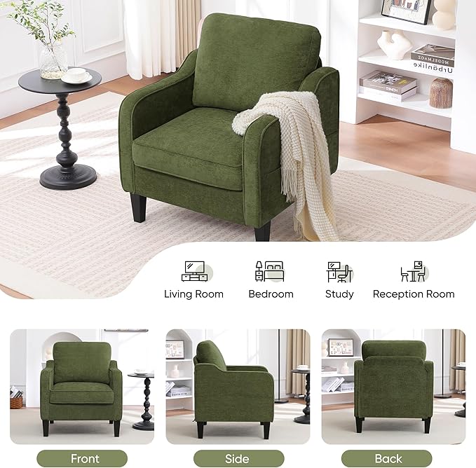 Accent Chairs Set of 2, Upholstered Living Room Chairs with Side Pocket, Mid Century Modern Reading Chair for Bedroom, Comfy Armchair Single Sofa Side Chair for Office, Small Room, Olive Green