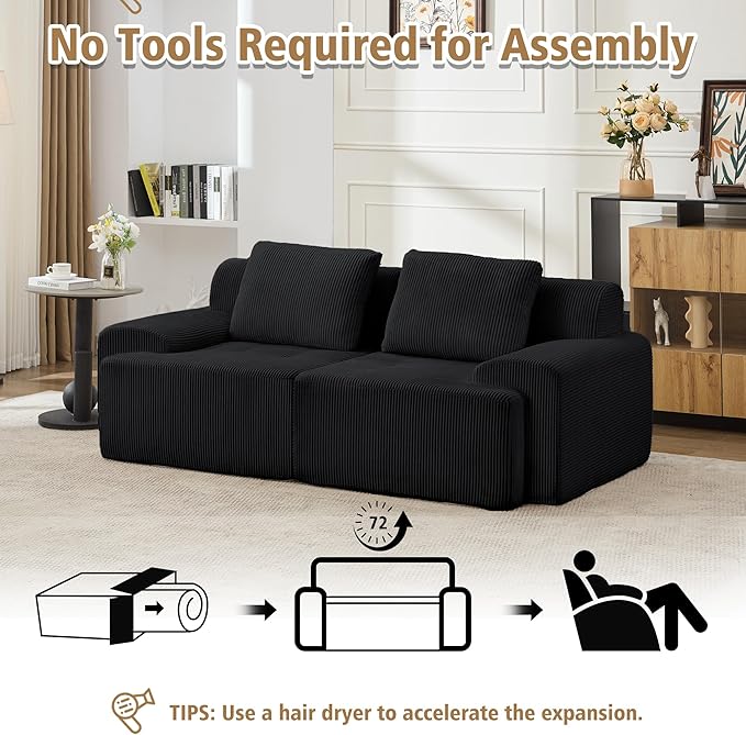 KIGOTY Modular Sectional Sofa, 2 PCS Comfy Cloud Sectional, Corner Couch, Modern Boneless Couch for Living Room, No Assembly Required,Black