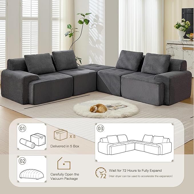 Modular Sectional Sofa, Boneless Couches for Living Room, Corduroy Couch, Big Comfy Couch, Modular Cloud Sofa with Deep Seat (Grey, 5 Pieces-L Shape)