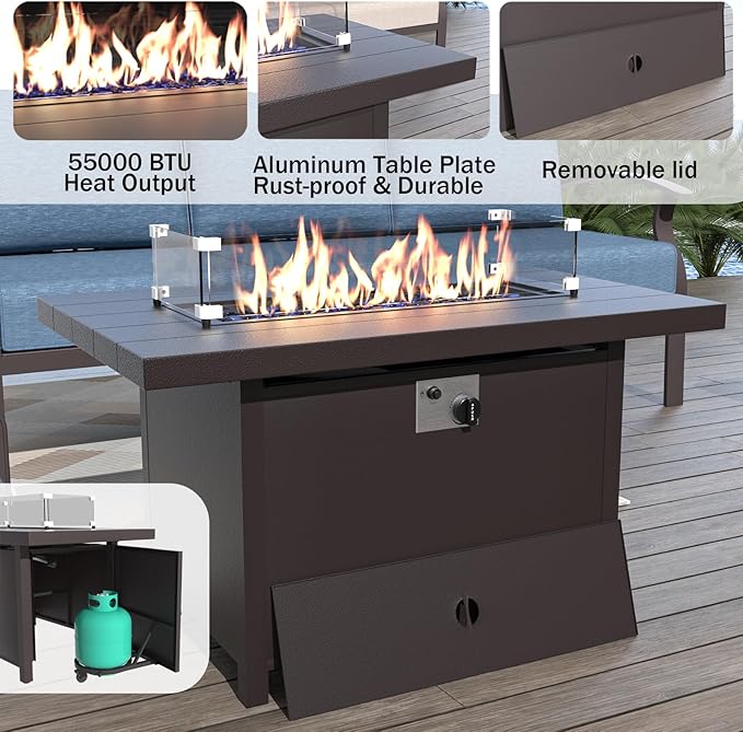 ALAULM Aluminum Patio Furniture Set with Propane Fire Pit Table Metal Outdoor Furniture w/Fire Pit Patio Conversation Sets w/5.1" Cushions and 7 Seats for Patio,Backyard,Poolside-Dark Blue