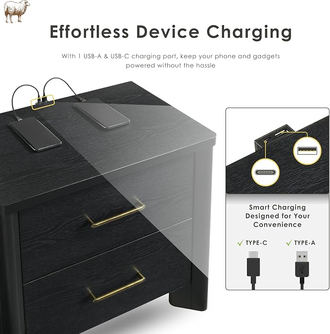 24/7 Shop at Home Sawer Modern 23-inch Wood Nightstand Set of 2 with 2 Drawers and USB Ports, Wooden Night Stand for Bedroom, Apartment, Small Bedside Table, Black - Image 3