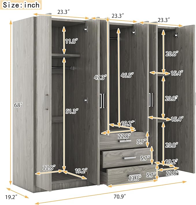 68" H Large 6 Doors Wooden Wardrobe Closet, Freestanding Armoire Wardrobe Closet Cabinet with 3 Drawers, Shelves and Hanging Rod for Hanging Clothes, Coat Closets for Bedroom, Gray