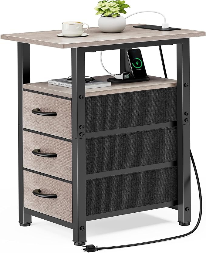 Vagusicc Night Stand with Charging Station, Narrow Nightstand with U-S-B Ports and Outlets, End Table with 3 Fabric Storage Drawers, Small Bedside Table, Greige by Vagusicc