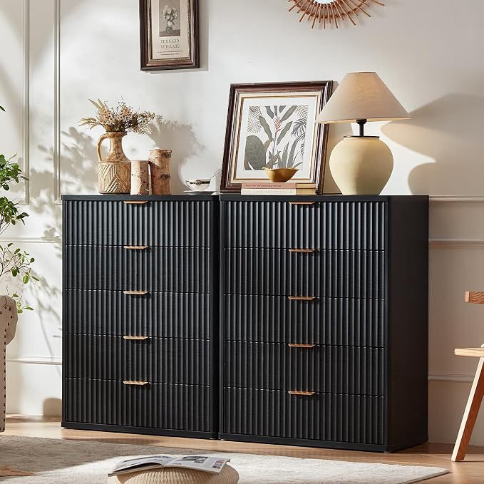 LEYAOYAO Fluted 5 Drawers Dresser for Bedroom, 41" Tall Modern Chest of Drawers with Metal Handle, Curved Profile Design,Black Wood Drawer Organizer for Bedroom, Living Room, Hallway, Entryway - Image 3