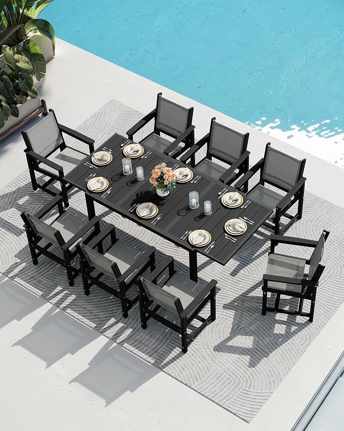 SERWALL 9-Piece Outdoor Dining Set, 60" - 83" Expandable Patio Dining Table with 8 Breathable Textilene Chairs, All Weather HDPE Patio Furniture Set, Black - Image 5