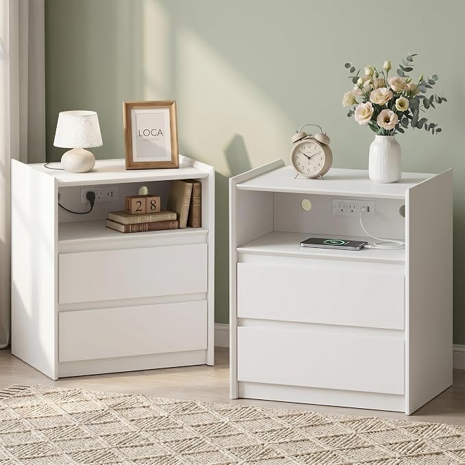 24" Tall Nightstand with Charging Station Including USB-C, Modern Bedside Table and Sofa End Table - White, 2 Drawers, Set of 2 by FurniXpress