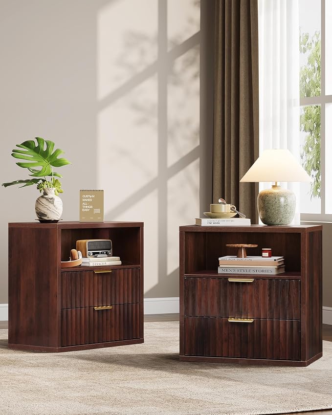 WLIVE Fluted Night Stand Set 2, Wood Nightstands Sets of 2 with Storage Drawers and Open Shelf, Mid Century Modern Bed Side Tables for Bedroom, Dorm, Espresso by WLIVE