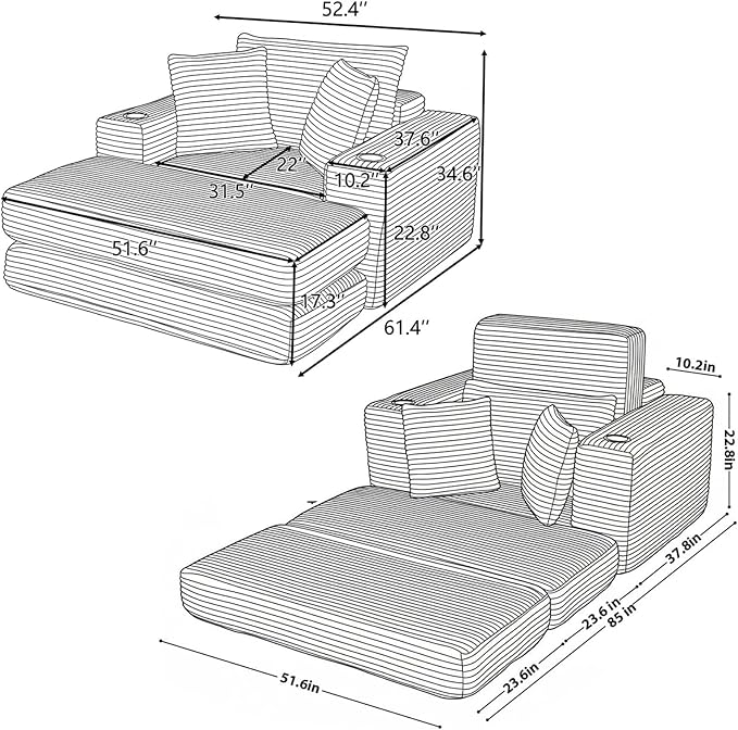 Eafurn 52.4" Oversized Chaise Lounge Indoor with Foldable Ottoman Convertible Boneless Sleeper Sofa Bed, Deep Seat Lounge Chair with Cup Holder & Side Pocket, No Assembly for Living Room | Breathable material, Cupholders