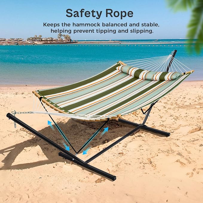 SUPERJARE Hammock with Stand, 2 Person Heavy Duty Hammock with Padded Cotton, Detachable Pillow & Strong Curved-Bar & Portable Carrying Bag, Perfect for Outdoor & Indoor, Retro Green - Image 5