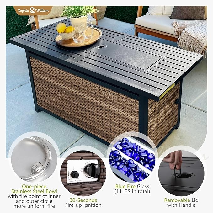 Sophia & William Patio Furniture Set with Fire Pit Table, 8 Piece Outdoor Wicker Furniture Sectional Sofa, Large Patio Rattan Conversation Set with Ottoman & 56" Fire Pit Table(Aqua Blue)