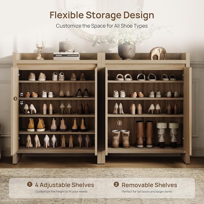 SICOTAS Shoe Cabinet - Fluted Shoe Storage Cabinet for Entryway, 48-Pair Shoes Organizer with Doors & Adjustable Shelves, 2 Pieces Large Shoes Rack Entrance Storage Cabinet for Hallway, Living Room - Image 5