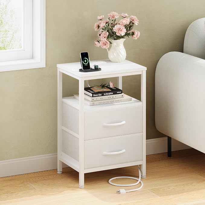 DUMOS Nightstand with Charging Station Built in USB Ports and AC Outlets Bedside Table with Adjustable Fabric Drawer and Open Shelf Modern End Table for Bedroom,White - Image 2