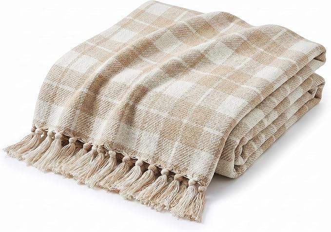 Americanflat 50x60 Throw Blanket - Soft and Breathable Cotton Throw Blanket for Couch, Bed, Chair - Decorative Blankets Perfect for Home, Office, or Outdoor Use - Ecru Camel Plaid Design