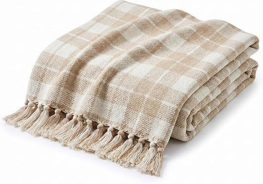 Americanflat 50x60 Throw Blanket - Soft and Breathable Cotton Throw Blanket for Couch, Bed, Chair - Decorative Blankets Perfect for Home, Office, or Outdoor Use - Ecru Camel Plaid Design