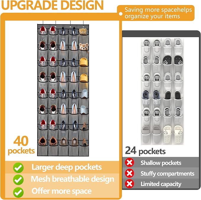 Over the Door Shoe Organizer, 40 Large Mesh Pockets Hanging Shoe Rack Organizer for Closet Behind The Door Storage Holder for Entryway Bedroom Dorm Gray - Image 4