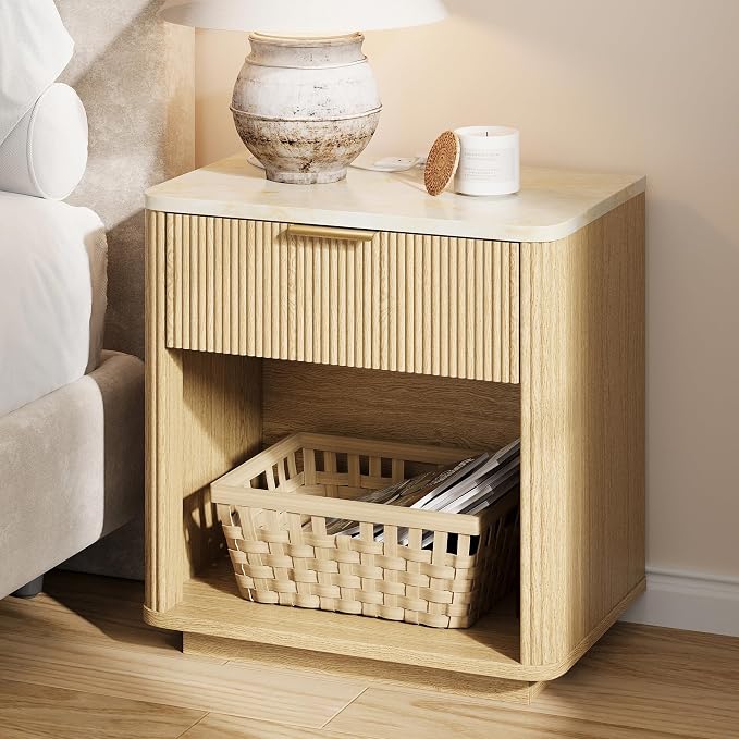 Fluted Nightstand with Drawer, Bedside Table with Faux Marble-Top, Modern Nightstand with Charging Station, Drawers and Open Shelf, Curved Corners, Modern Night Stand for Bedroom, Natural Oak by CASSORA