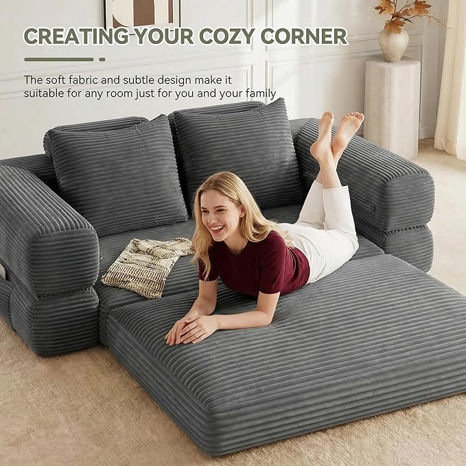 4-in-1 Convertible Folding Sofa Bed, 76 Inch Queen Size Foldable Sleeper Sofa Bed, Wide Corduroy Upholstery, Boneless Mattress Couch with Armrests & Neck Pillow for Living/Bedroom - Grey