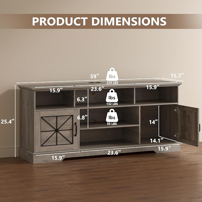 TV Stand for 65 Inch TV, Farmhouse Entertainment Center with RGB LED Lights, 59 Inch Media Console with Adjustable Center Shelf and Storage Cabinets, Rustic Barn Door Style - Image 2