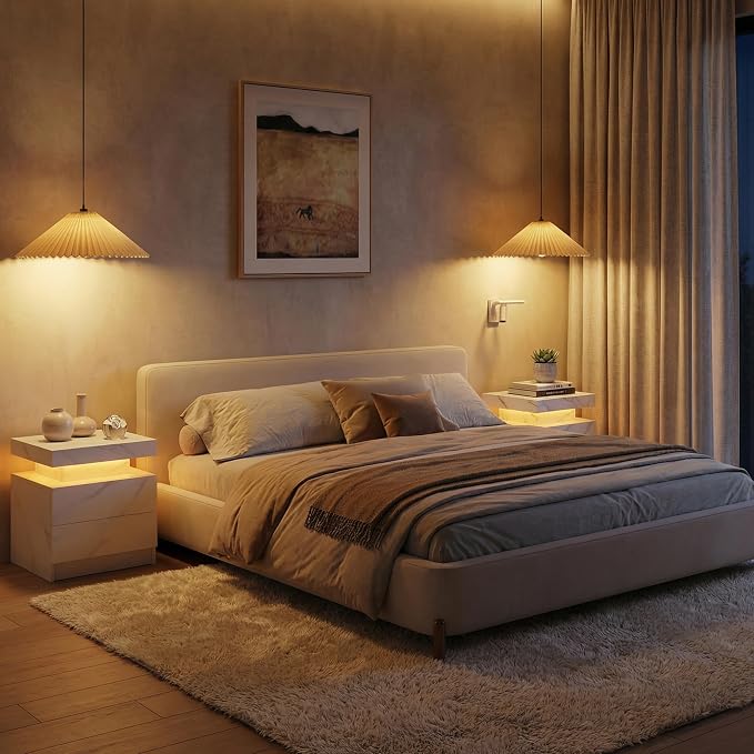 i-aplus Night Stand Set 2 LED Nightstand with 2 Drawers Bedside Table with LED Lights Side Tables for Bedroom Living Room - Image 7
