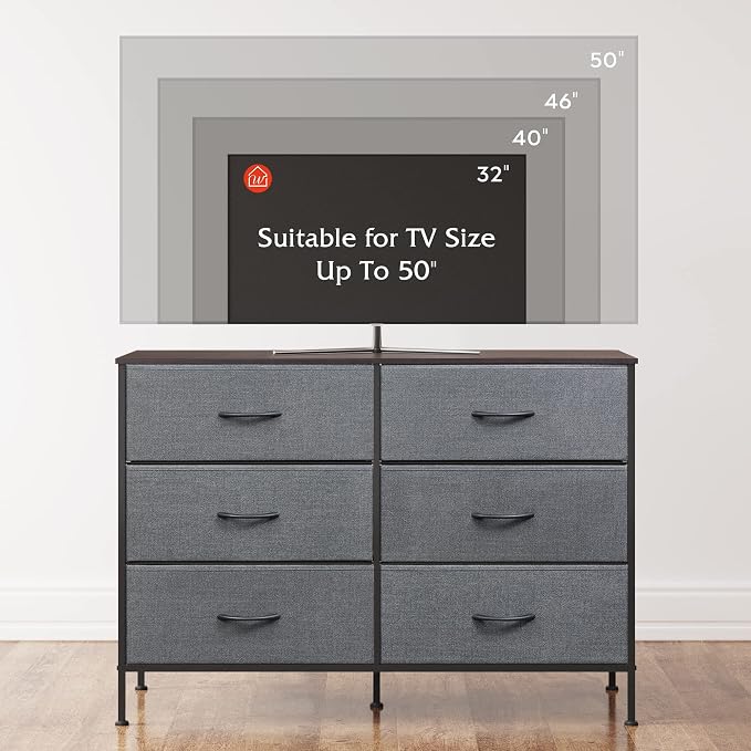 WLIVE Dresser for Bedroom with 6 Drawers, Wide Dresser TV Stand for 50 Inches TV, Grey Dresser with Metal Frame, Wooden Top, Fabric Dressers for Bedroom, Living Room, Hallway, Dark Grey - Image 6