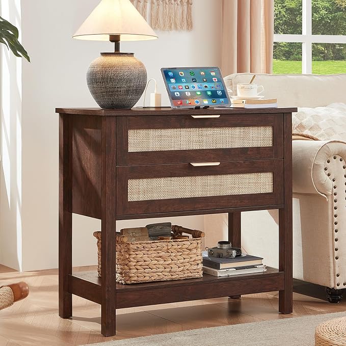 LEYAOYAO 31.5" Wide Rattan Night Stand with Charger Station, Oversized Large Walnut Nightstand with 2 Drawer, Boho Bed Side End Tables with Storage, Tall Bedside Table for Bedroom Living Room, Hallway by LEYAOYAO-Findtheshiningpointofyourideallife%EF%BC%81